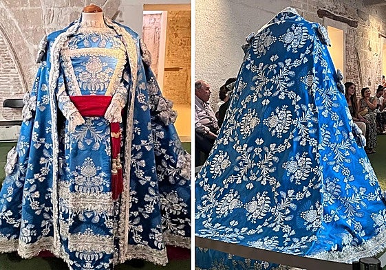 De frente, el traje, presentado en el Museo de la Catedral de Murcia, está formado de cuerpo o jubón, guardapiés y manto. El manto que lucirá el martes próximo la Fuensanta está guarnecido como el original con galones de plata y puntos de España de plata.