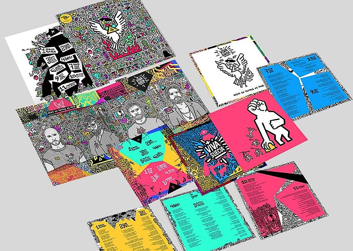 Imagen secundaria 1 - Lona con la promoción de Viva Suecia desplegada en la plaza de Europa y los diseños de CD, vinilo y casette.