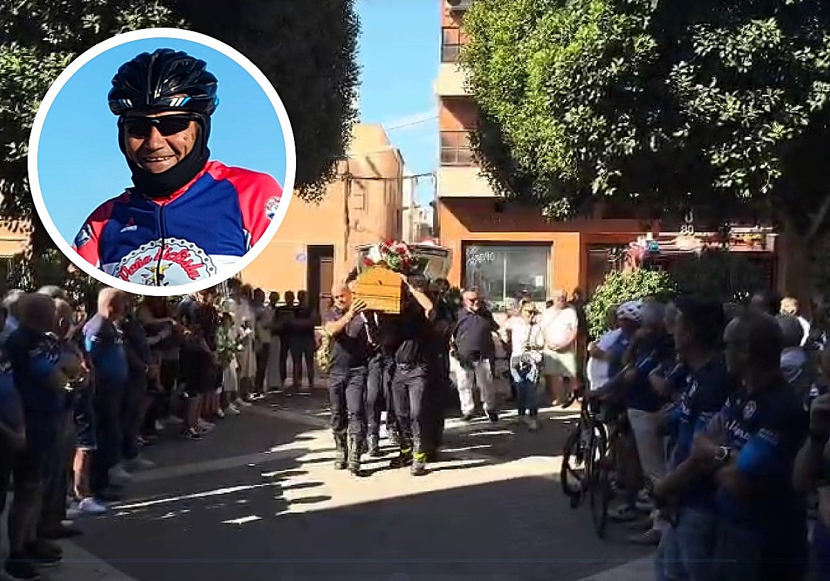 Miembros de Bomberos de Murcia portando el féretro del cabo entre familiares y amigos de su peña ciclista. En detalle, Antonio Morales.