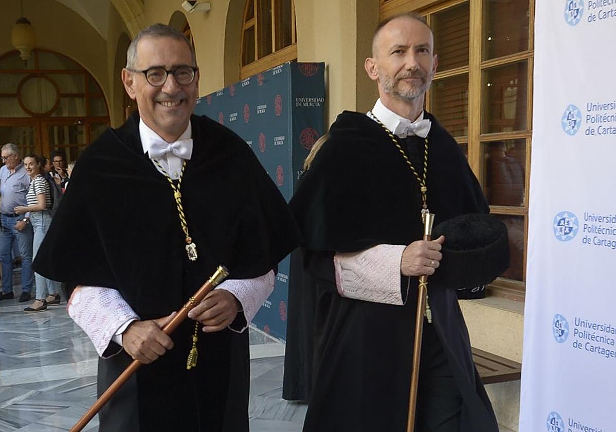 El rector de la UMU, José Luján; y el de la Politécnica de Cartagena, Mathieu Kessler.