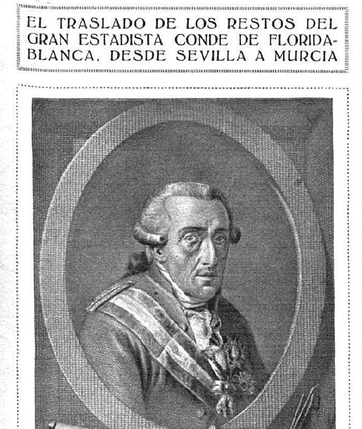 Imagen secundaria 2 - La publicación 'Mundo Gráfico' recogió la comitiva organizada en Murcia para recibir y trasladar los restos del conde. | Grabado del conde publicado en 'Mundo Gráfico'.