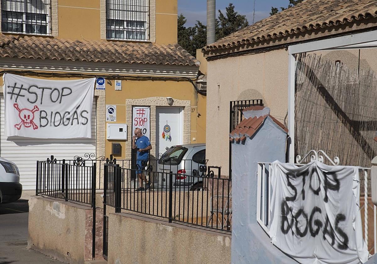 Numerosos carteles en contra de la planta de biogás cuelgan de ventanas, fachadas y postes por todo el pueblo de Los Camachos.