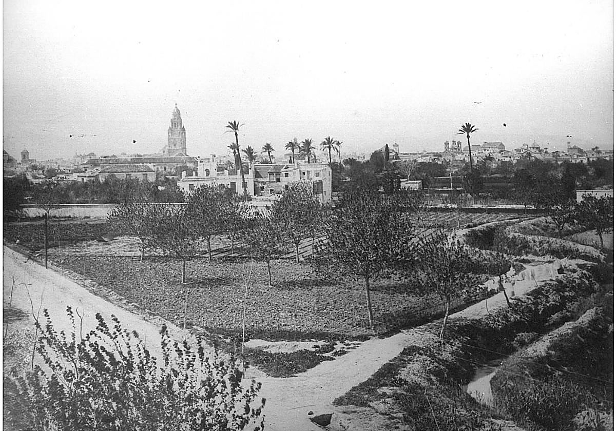 El murciano Archivo Almudí atesora esta magnífica instantánea de una esquina de la huerta y, al fondo, la torre de la Catedral y algunas parroquias.