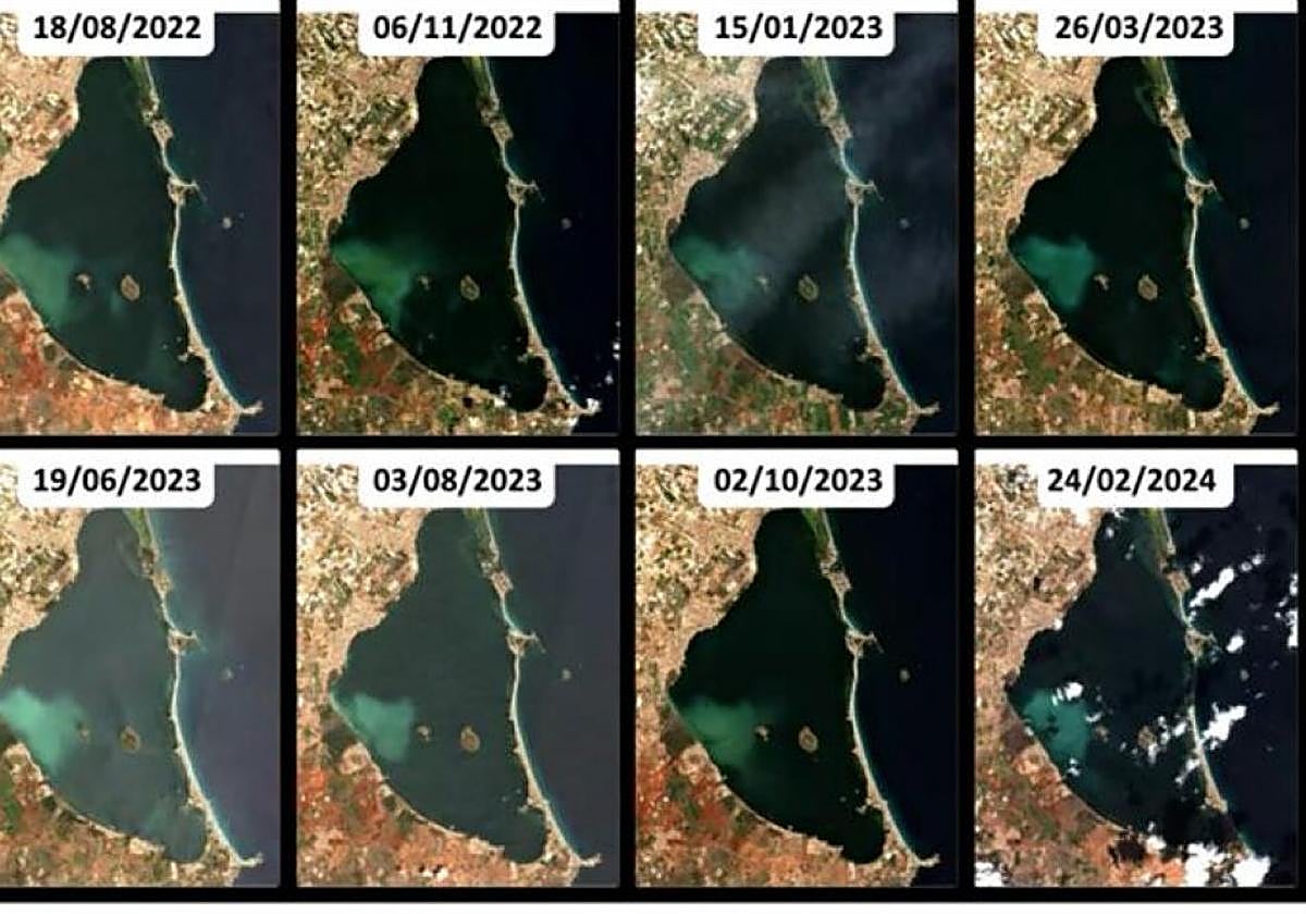Mapas que muestran la evolución de la mancha blanca del Mar Menor, a partir de las mediciones realizadas por el IEO-CSIC.
