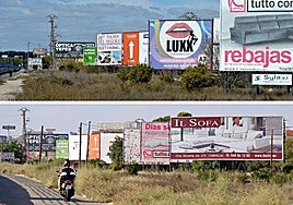 Carteles publicitarios en Juan de Borbón, donde hace unos días se veían anuncios de servicios sexuales (arriba). Abajo, imagen de este martes, cuando ya han sido retirados.