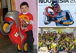 Un pequeño Fermín Aldeguer, a bordo de su primera minimoto, en su casa de La Ñora. El Galgo de La Ñora posa con el trofeo de ganador del Gran Premio de Indonesia el 5 de octubre, su estreno triunfal en MotoGP. El piloto murciano, rodeado de decenas de socios de su club de fans en una cena celebrada en Murcia hace unos años.