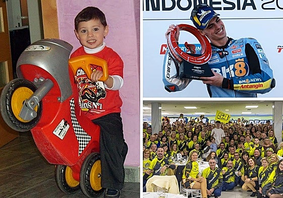 Un pequeño Fermín Aldeguer, a bordo de su primera minimoto, en su casa de La Ñora. El Galgo de La Ñora posa con el trofeo de ganador del Gran Premio de Indonesia el 5 de octubre, su estreno triunfal en MotoGP. El piloto murciano, rodeado de decenas de socios de su club de fans en una cena celebrada en Murcia hace unos años.