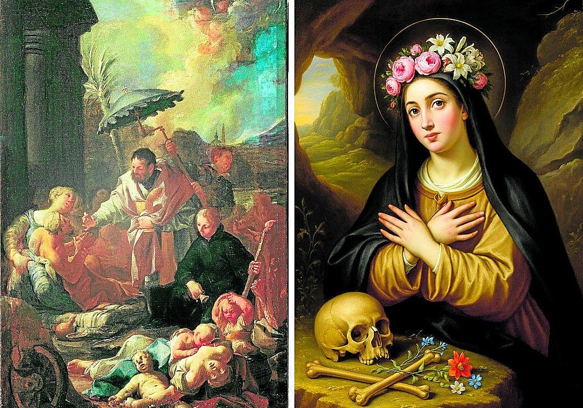 San Francisco Javier entre las víctimas de la Peste en Goa. | Santa Rosalía de Palermo, la ermitaña que protege de la peste.