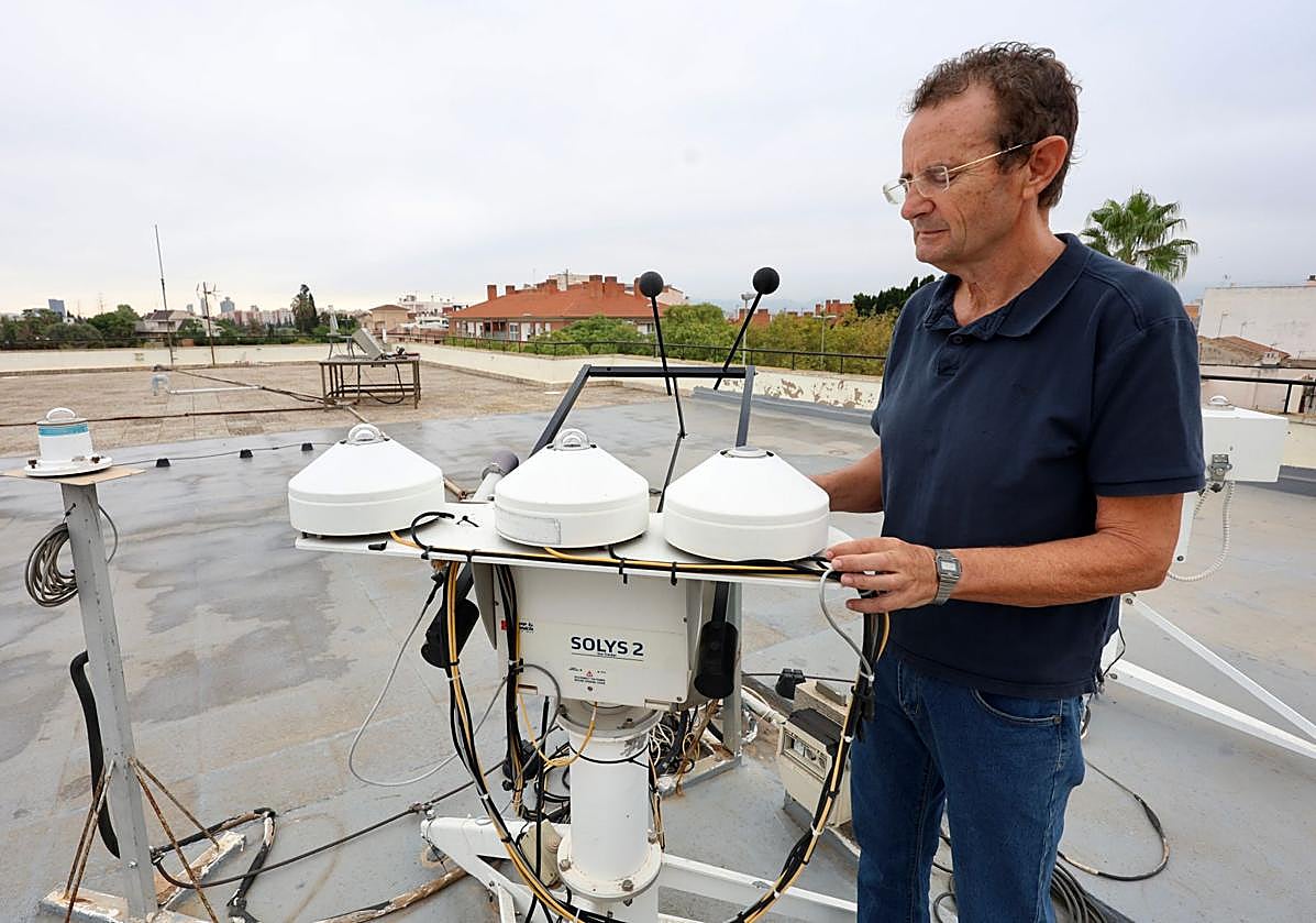Imagen principal - El técnico de mantenimiento Rafael Codina supervisa la estación radiométrica en la sede de la Aemet en Guadalupe. | El 'jardín meteorológico' de la Aemet en Guadalupe (Murcia). | El observador José Antonio Vera prepara un globo para hacer sondeos.