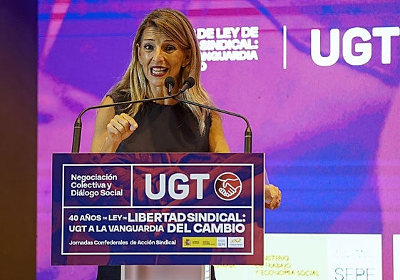Yolanda Díaz, este miércoles, durante su comparecencia en unas jornadas de UGT.