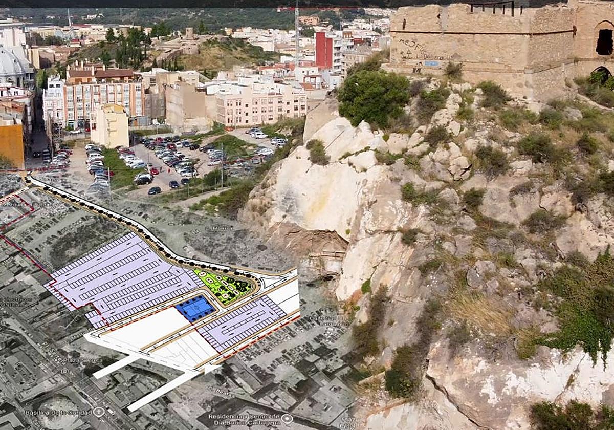 Imagen superpuesta en la que se puede ver la zona del Monte Sacro en la que se va a llevar a cabo el proyecto para crear un aparcamiento y las áreas de esparcimiento.