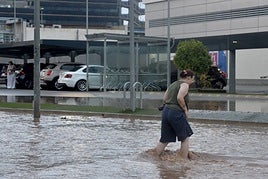Una mujer camina por la avenida Miguel de Cervantes, completamente anegada, en una imagen de archivo.