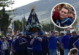 La Virgen de Bolnuevo a su llegada al pueblo. Gonzalo Contreras Vivancos, Charly, en la imagen pequeña.