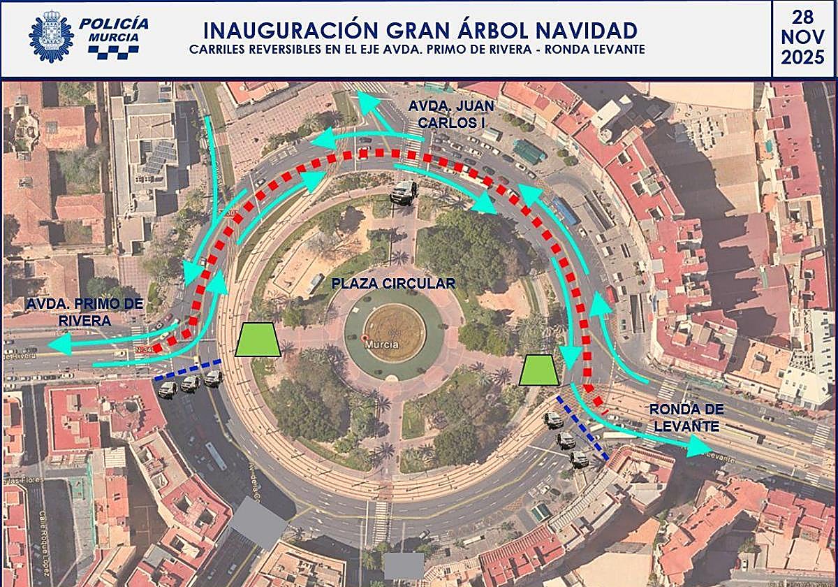 Los carriles que serán reversibles este viernes en la parte superior de la plaza Circular de Murcia.