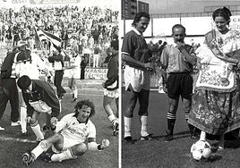 Celebrando el histórico 0-3 en el Rico Pérez de Alicante con el Cartagena en 1991. De capitán del Real Murcia en Tercera en 1995.