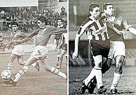 Eugenio, en un Murcia - Hércules en La Condomina. | Eugenio buscando un balón dividido en el Cartagonova, en 1995.