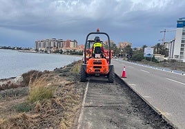 Operarios trabajan en las obras del paseo marítimo en Playa Chica de La Manga.