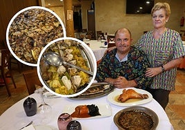 Joaquín y Catalina y, en detalle, higos con foie y rape al horno con patatas y ajetes.