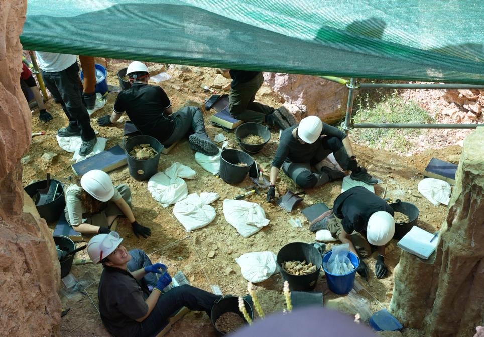 Vista aérea del yacimiento con los paleontólogos trabajando.