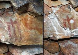 Imágenes del antes y el después del estado de la pintura rupestre de la cueva de Los Escolares de Santa Elena (Jaén). / Foto: Efe