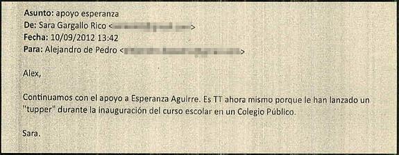 Correo electrónico intervenido en el ordenador del empresario investigado Alejandro de Pedro que hace referencia a Aguirre. 