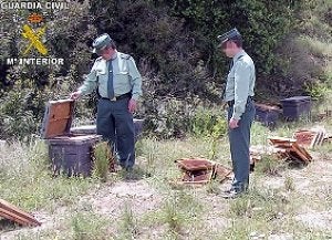 Agentes de la Guardia Civil junto a las colmenas robadas. ::                             G. CIVIL