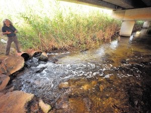 Pedro García muestra las dos tuberías de drenaje de aguas agrícolas que llegan a la rambla del Albujón. ::
A. GIL