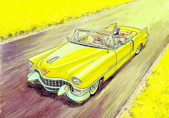 El gato detective Blacksad conduce su famoso Cadillac, en una de las ilustraciones de 'Amarillo'. :: n. e.
