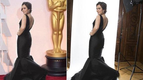 A la derecha Anna Allen en los "Oscar", a la izquierda  fotografía real en su casa.