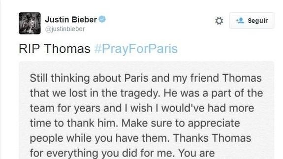 Justin Bieber llora por un amigo fallecido en el atentado de París