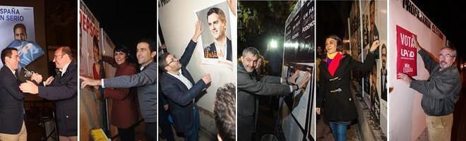 Los representantes de PP, PSOE, Ciudadanos, Podemos, UP-IU y UPyD, durante la pegada de carteles en Murcia.