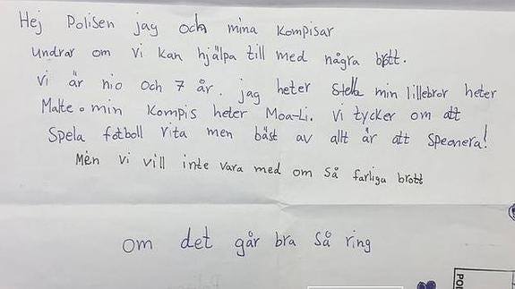 La carta de tres niños suecos a la Policía ofreciéndose como espías