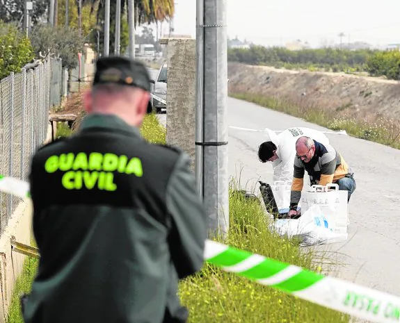 Un guardia civil observa el trabajo de sus compañeros de la Policía Científica en el lugar donde se produjo el atropello. 