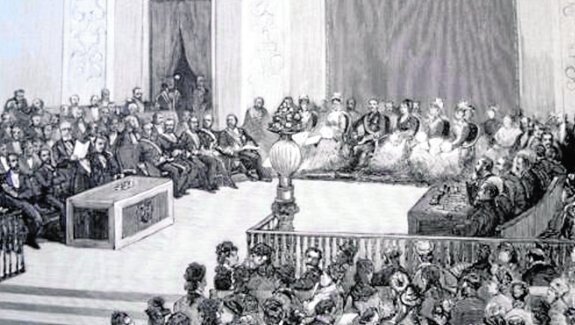 Lectura del discurso de ingreso del Marqués de Valmar en la Academia de la Lengua.
