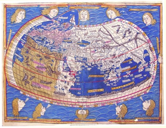 Mapamundi de la Cosmographia de Ptolomeo, perteneciente a la Biblioteca Nacional (Inc/116), que fue arrancado por César Gómez en 2007 para ser vendido en el mercado anticuario. Posteriormente se recuperó.