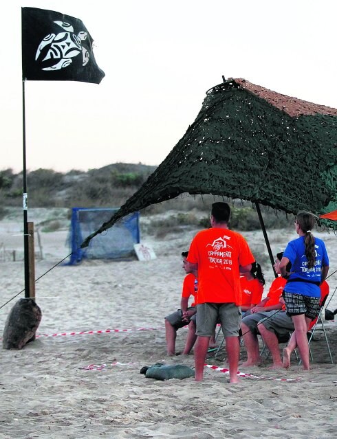 Voluntarios en el campamento de la playa de El Saler, en Valencia, donde ondea la bandera con la silueta de una tortuga boba. Al fondo, los nidos protegidos por una malla. 