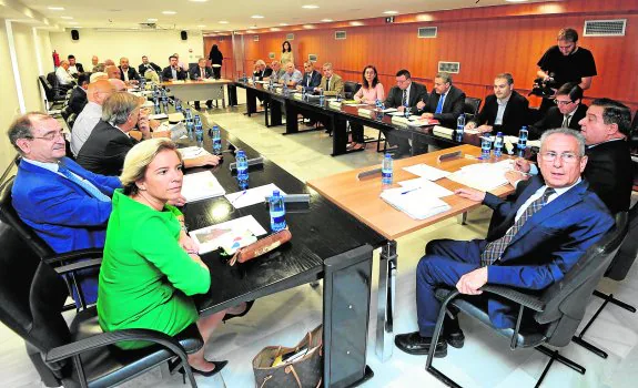 Adela Martínez-Cachá y Miguel Ángel Ródenas, en primer plano, en la reunión de la Junta de Gobierno de la CHS.
