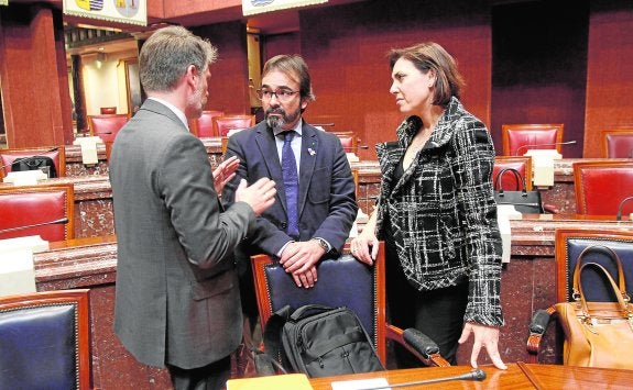 El consejero Rivera, en el centro, y la titular de Sanidad, Encarna Guillén, escuchan al diputado popular Víctor Martínez-Carrasco, ayer, en la Asamblea.