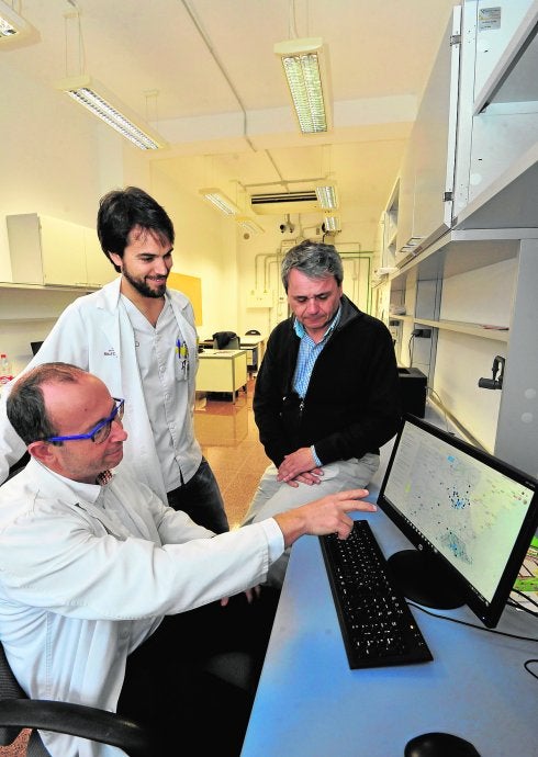 Juan Antonio Ortega (sentado), Alberto Cárceles y Fernando López, en el laboratorio de Salud Medioambiental del Instituto Murciano de Investigación Biosanitaria (IMIB).