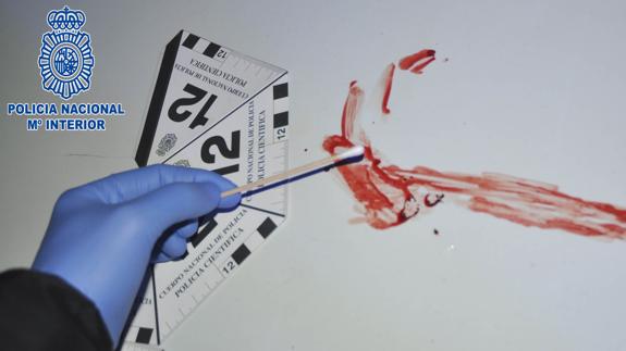 Los agentes recogen restos de sangre en la vivienda.