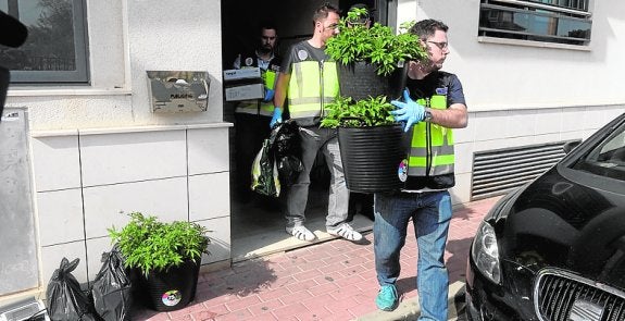 Policías nacionales, el pasado lunes, sacando marihuana del piso de 'El Karateca' en Puebla de Soto.