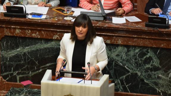 La diputada Isabel María Soler durante su comparecencia en la Asamblea Regional. 