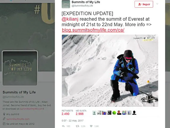 Kilian Jornet, en el momento en el que hizo cumbre en el Everest.  