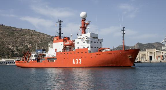 El Buque de Investigación Oceanográfica (BIO) Hespérides, a su llegada el pasado martes a su base en España, en el Arsenal Militar de Cartagena.