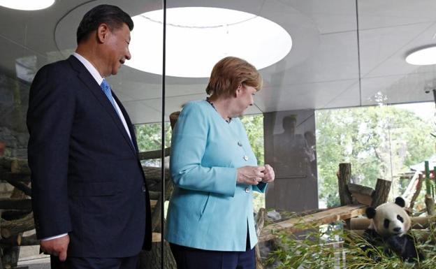 Xi Jinping y Angela Merkel visitan el zoo de Berlín.