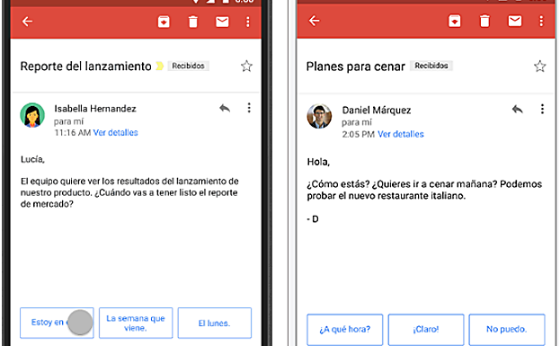 Ejemplos de respuestas automáticas en Gmail.