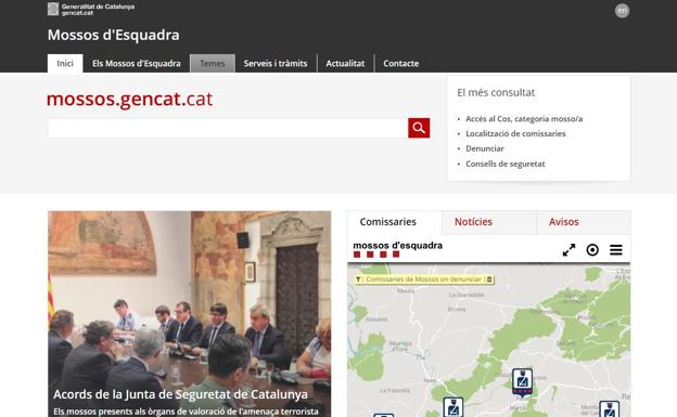 Web de los Mossos d'Esquadra en catalán. Arriba, a la derecha, solo aparece la pestaña de inglés.