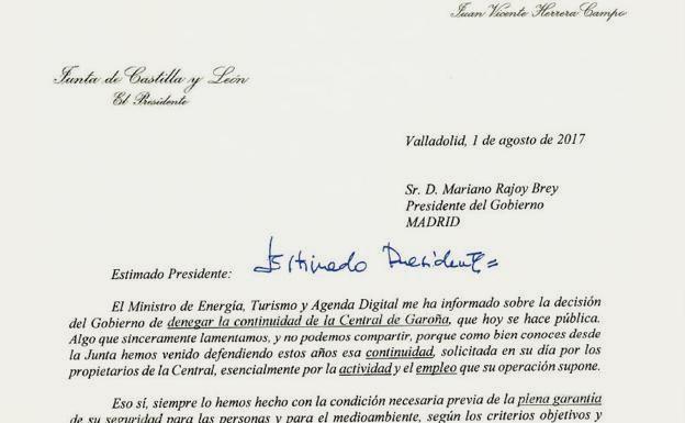 Imagen de la carta de Juan Vicente Herrera a Mariano Rajoy.