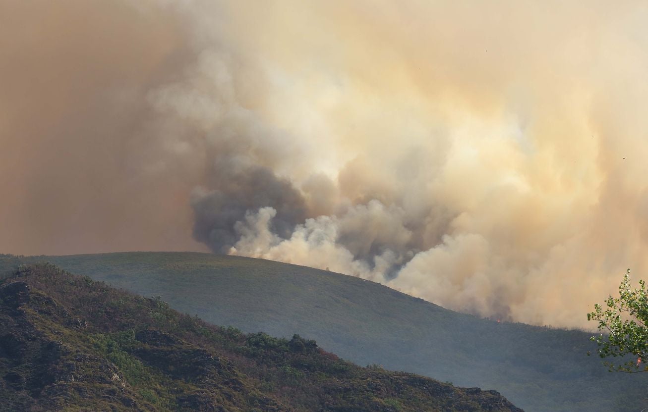 La ceniza caída del cielo y la intensa humareda visible desde varios kilómetros de distancia marcan el despertar de los pueblos afectados por el incendio de nivel 2 que afecta a los municipios leoneses de Truchas y Encinedo