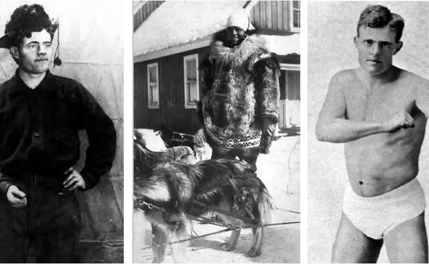Jack London como minero en el Klondike en 1900, junto a los perros de un trineo el mismo año, y como boxeador en 1904.